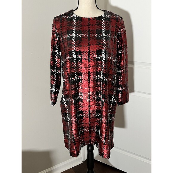 NEW TUCKERNUCK Sequin Pierre Dress Red Houndstooth Plaid Size Medium - Picture 4 of 11